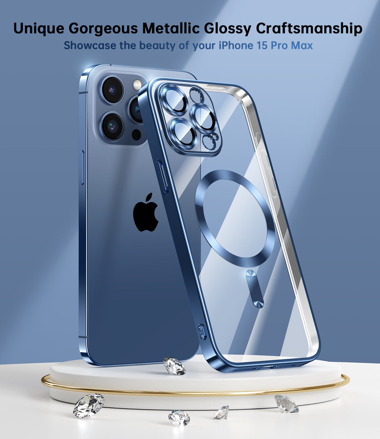 Waldeng for iPhone 15 Pro Max Case with Integrated Camera Lens Protection, [Seamless Work with Magsafe] [Metallic Glossy Soft Bumper], Diamond Clear Stylish Case for iPhone 15 Pro Max, Blue Titanium