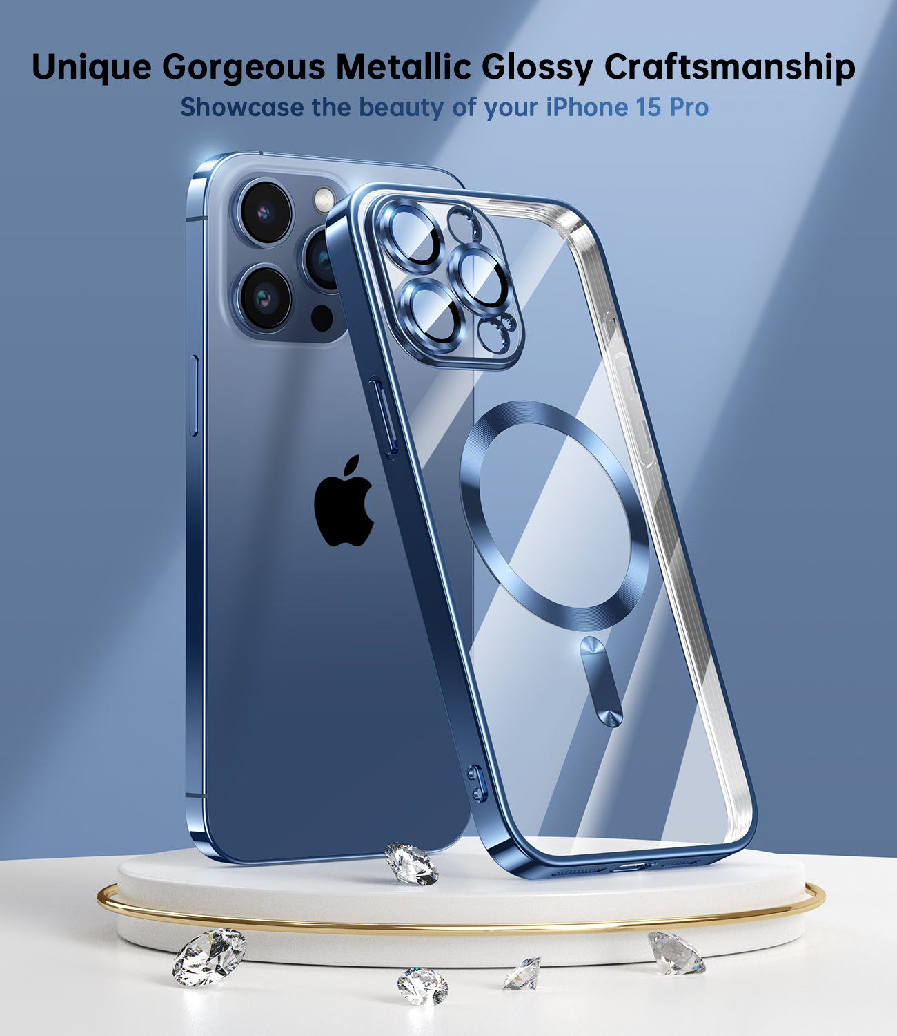 Waldeng for iPhone 15 Pro Case with Integrated Camera Lens Protection, [Seamless Work with Magsafe] [Metallic Glossy Soft Bumper], Diamond Clear Stylish Case for iPhone 15 Pro, Blue Titanium