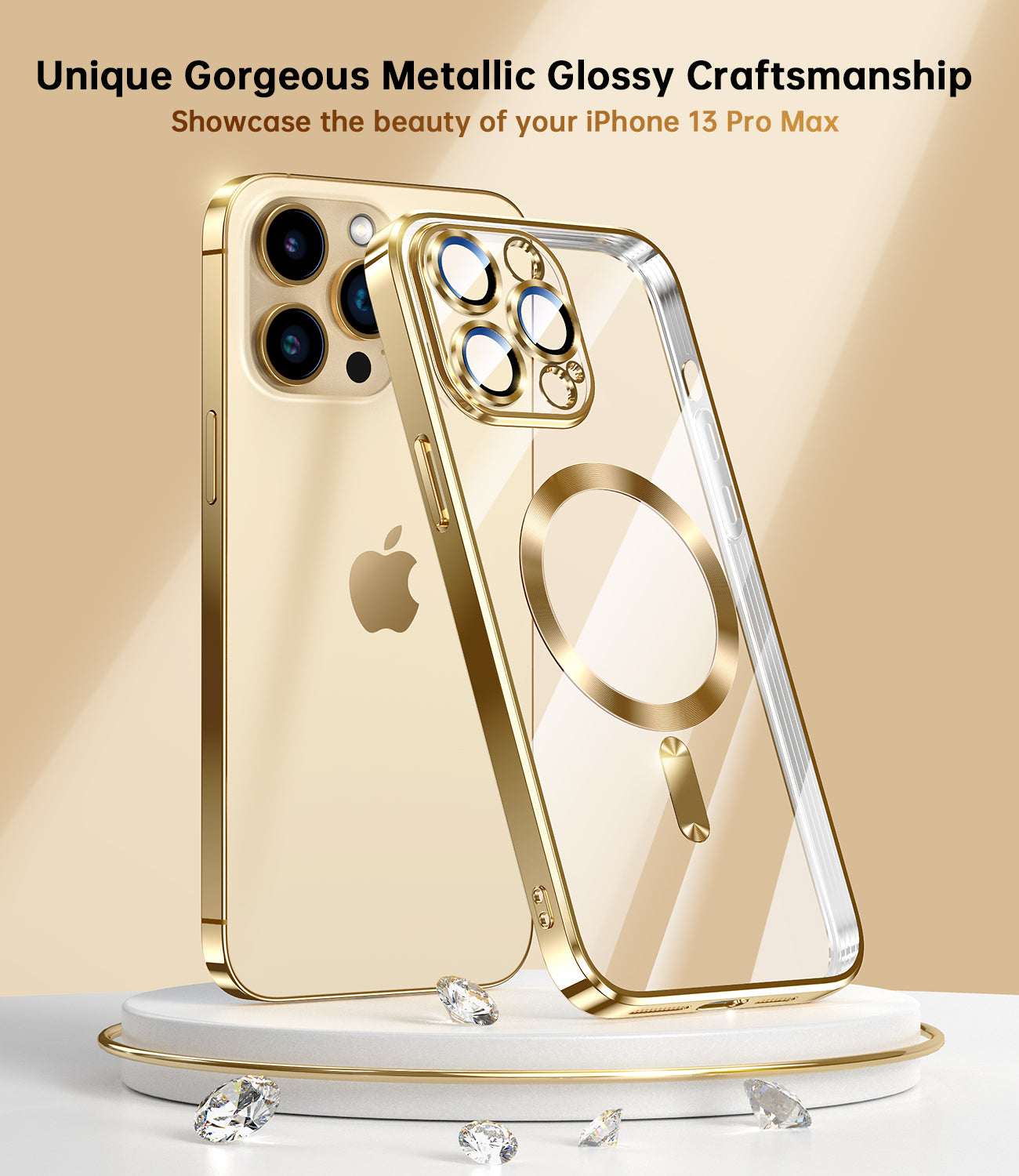 Waldeng for iPhone 14 Pro Max Case with Integrated Camera Lens Protector, [Compatible with MagSafe] [Original iPhone Exterior], Crystal Clear Case for iPhone 14 Pro Max 6.7", Gold