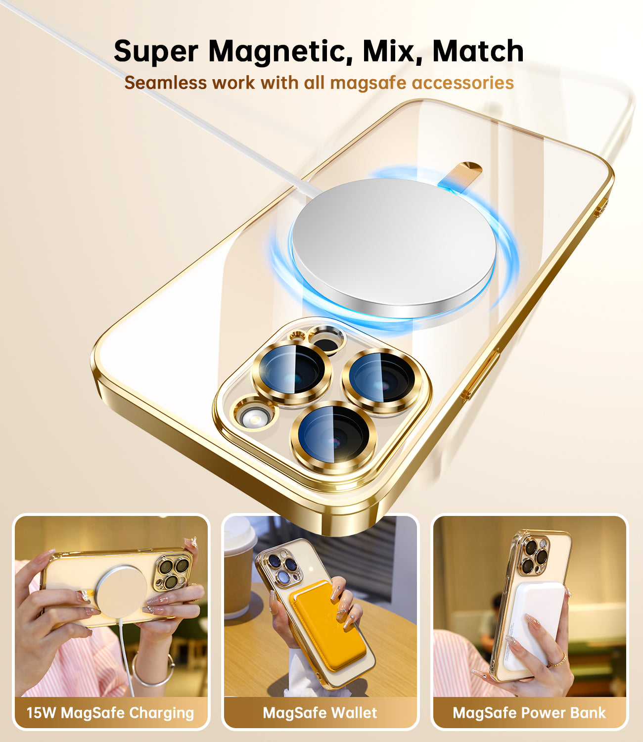 Waldeng for iPhone 14 Pro Max Case with Integrated Camera Lens Protector, [Compatible with MagSafe] [Original iPhone Exterior], Crystal Clear Case for iPhone 14 Pro Max 6.7", Gold