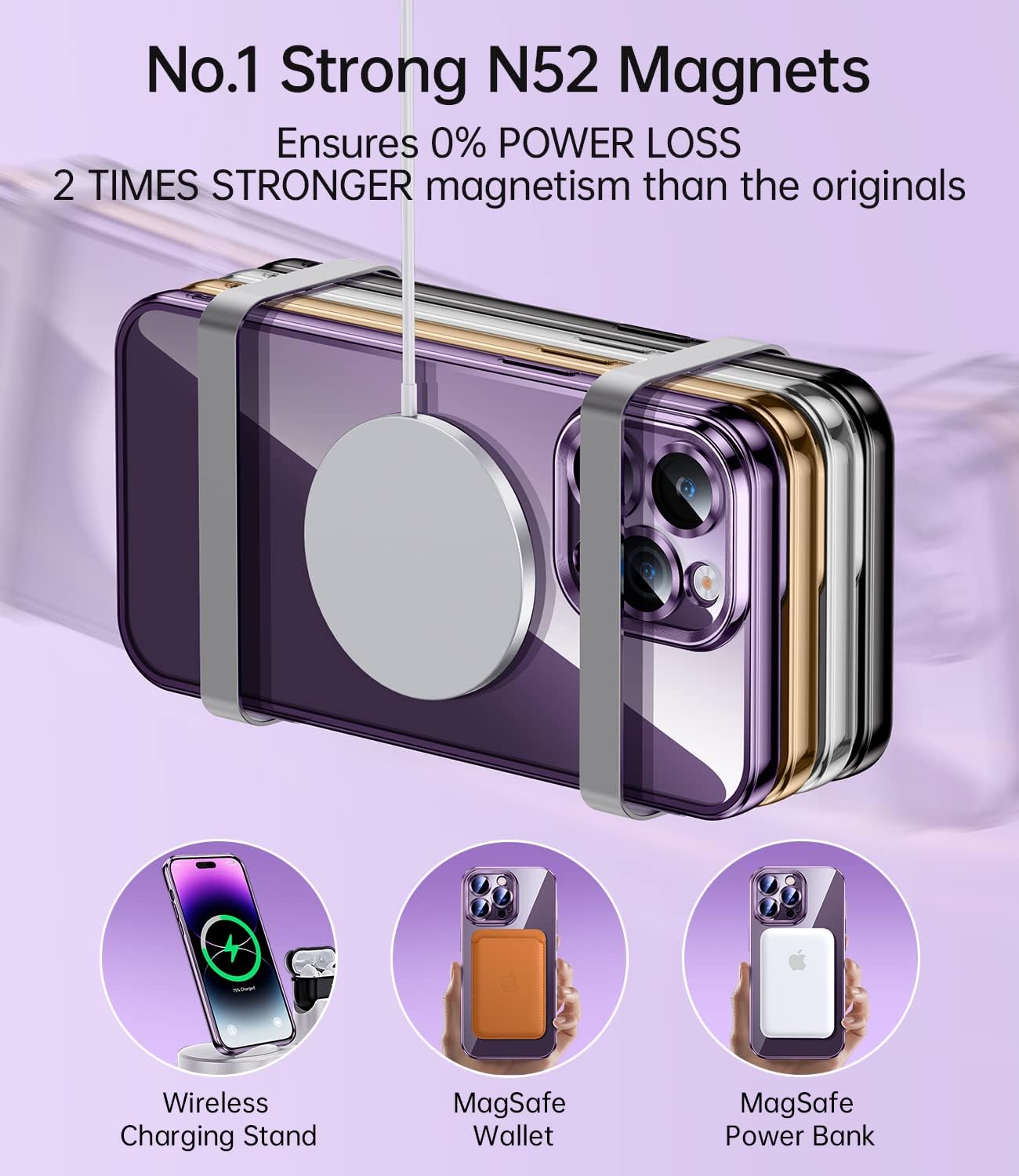 JUESHITUO Magnetic Clear for iPhone 14 Pro Max Case with Full Camera Protection, No.1 Strong N52 Magnets, for iPhone 14 ProMax Case, for Magsafe Women Girls Men Phone Case (6.7")-Deep Purple